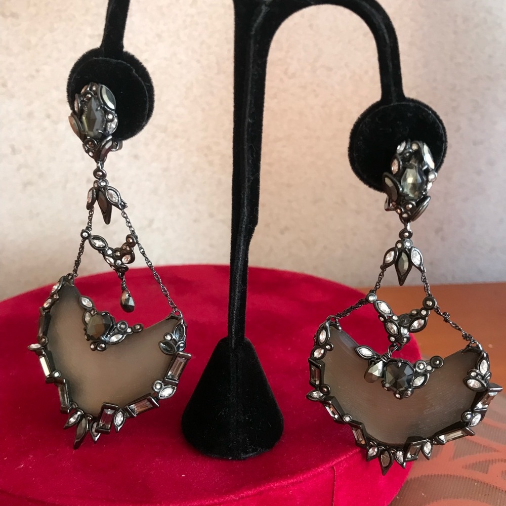 Alexis Bittar Taupe Lucite Clip On Chandelier Earrings with crystals. - Picture 5 of 9